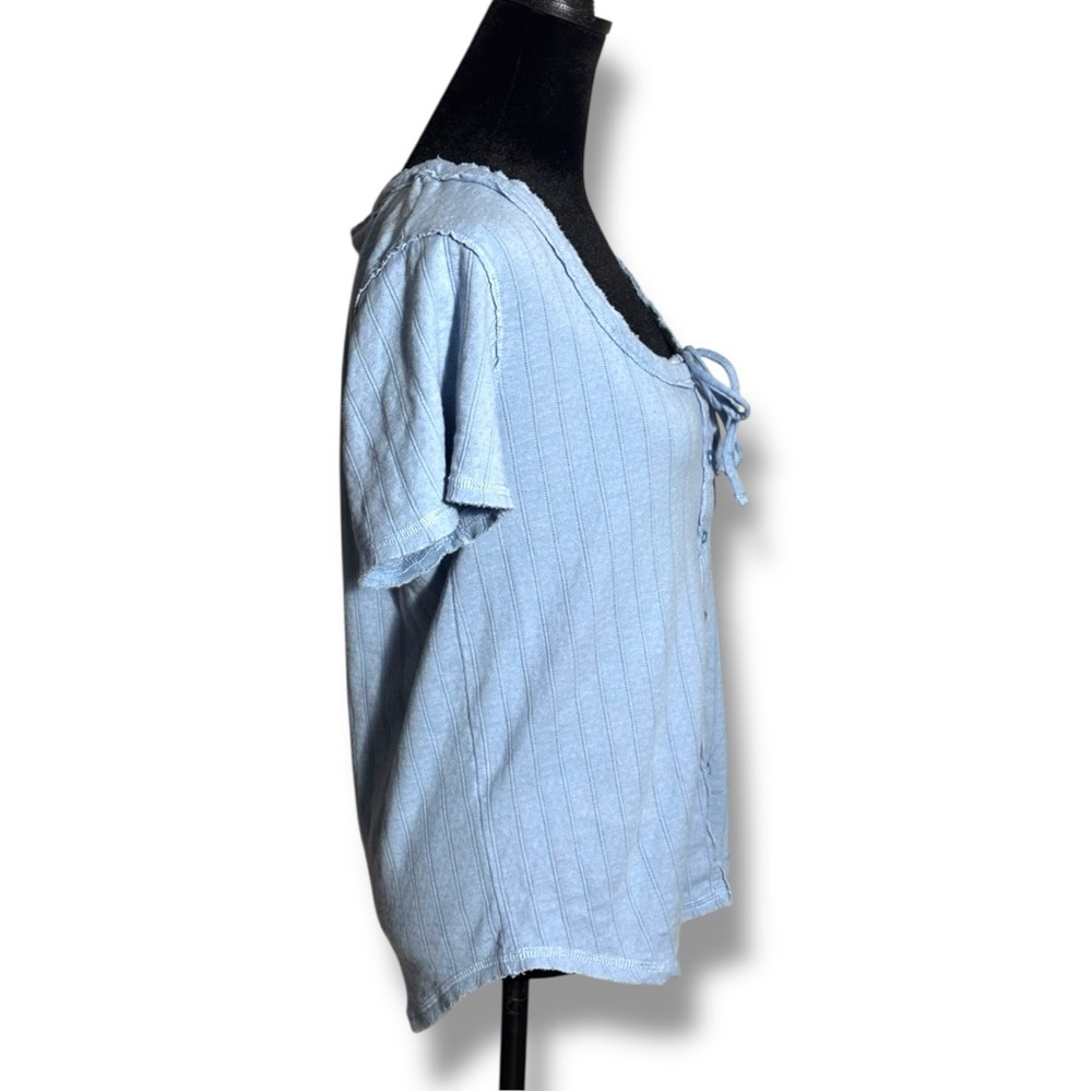 Aerie Light Blue Soft Cotton Button-Down Tie Front Short Sleeved Blouse - Picture 4 of 15